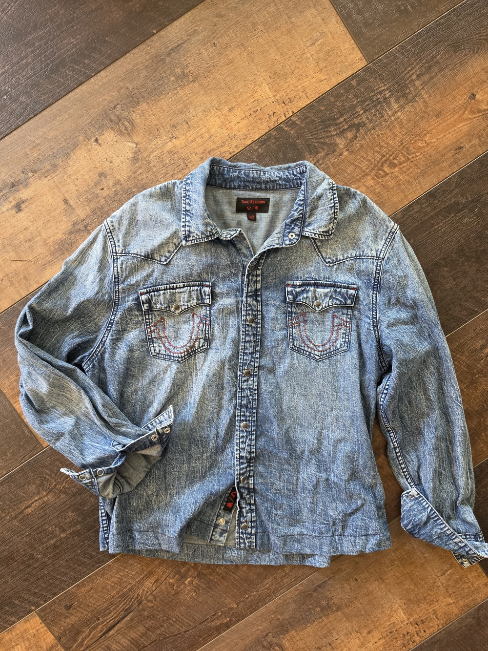 True Religion Denim Button Up Shirt Mens Western Snap Front Red Stitch Size XL - Picture 3 of 6